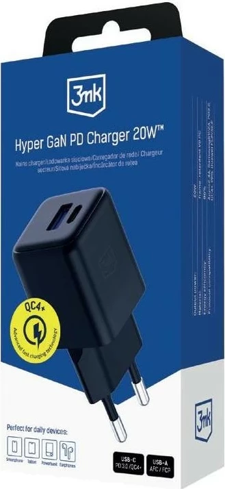 Omrežni polnilec, 20W, 3MK Hyper GaN, črn