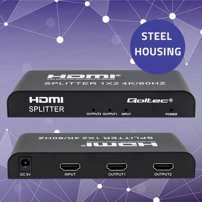 Aktivni HDMI delilec, Qoltec 51797, 2 x HDMI, 4K x 2K, 60 Hz, črn