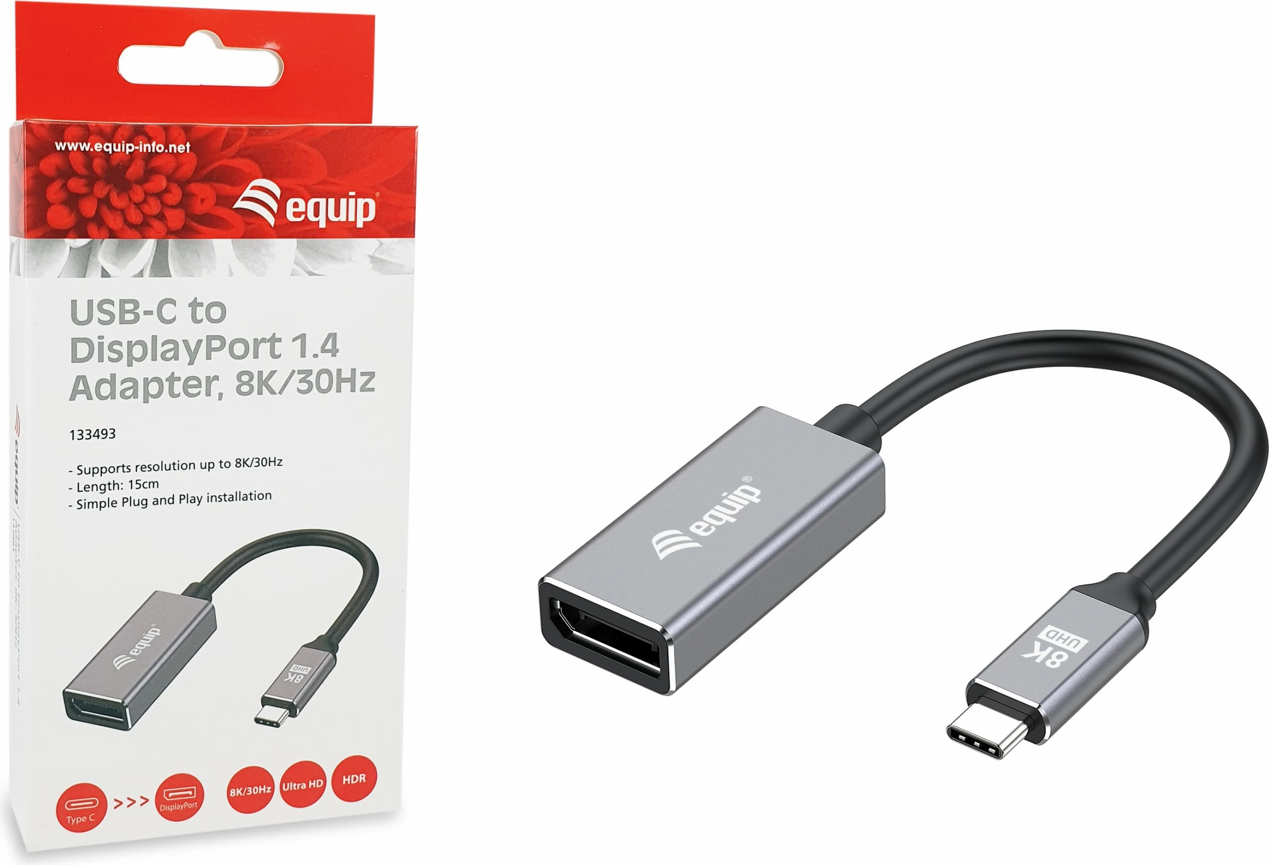 Adapter USB-C na DisplayPort 1.4 Equip, 8K/30Hz, 0,15 m, črno/siv