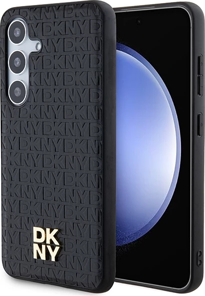 Zaščitni ovitek z usnjenim vzorcem in kovinskim logotipom DKNY MagSafe za Samsung Galaxy S24, črn