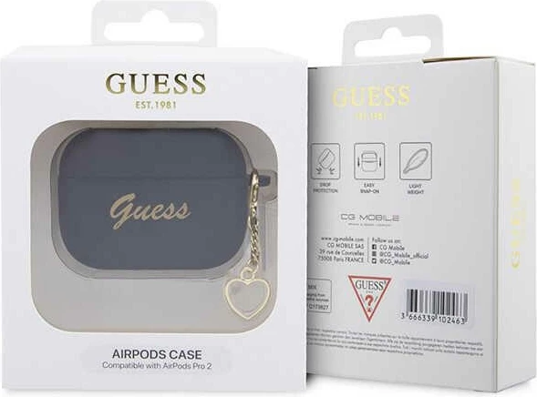 Ovitek za AirPods Pro 2, Silicone Charm Collection, črn, z obeskom v obliki srca, Guess