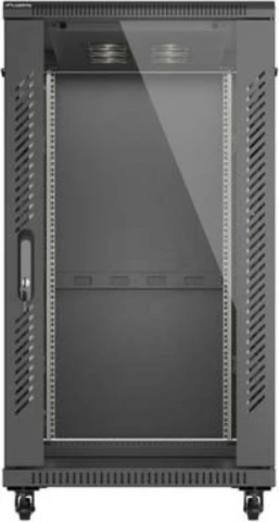 Talni rack kabinet 19", 22U, 600x1200 mm, steklena vrata, Lanberg FF01-6222-12B, nosilnost 800 kg, IP20, Flat Pack, črn