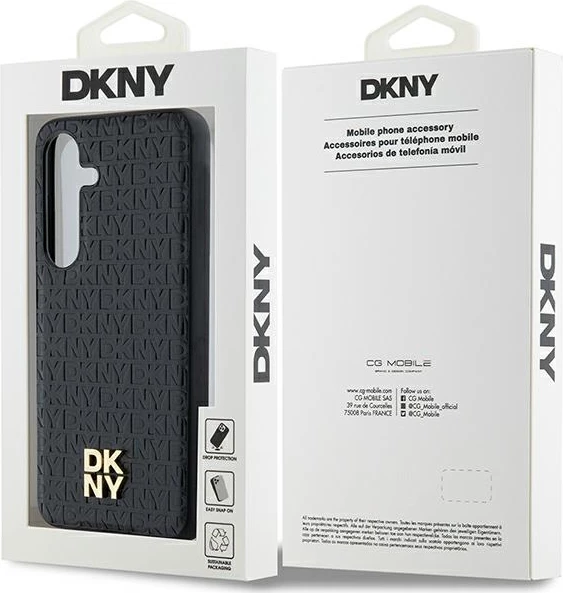 Zaščitni ovitek z usnjenim vzorcem in kovinskim logotipom DKNY MagSafe za Samsung Galaxy S24, črn