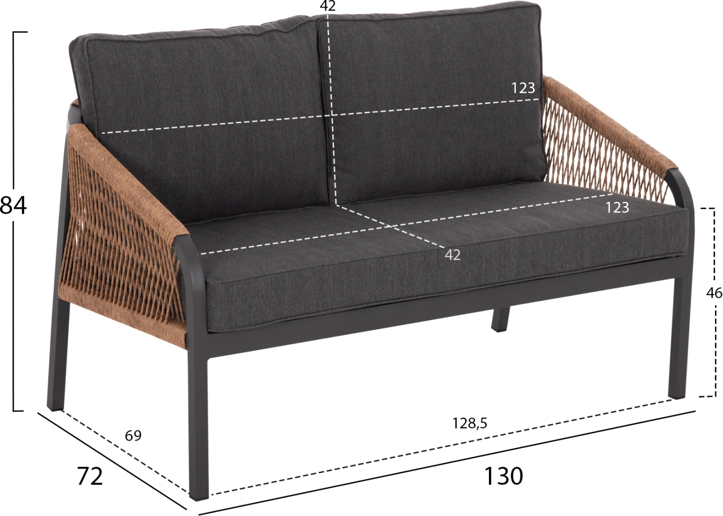 Zunanja dvosedna sedežna garnitura MAERLY FH6116.03 aluminij v antracit-temno bež sintetična vrv-antracit blazine