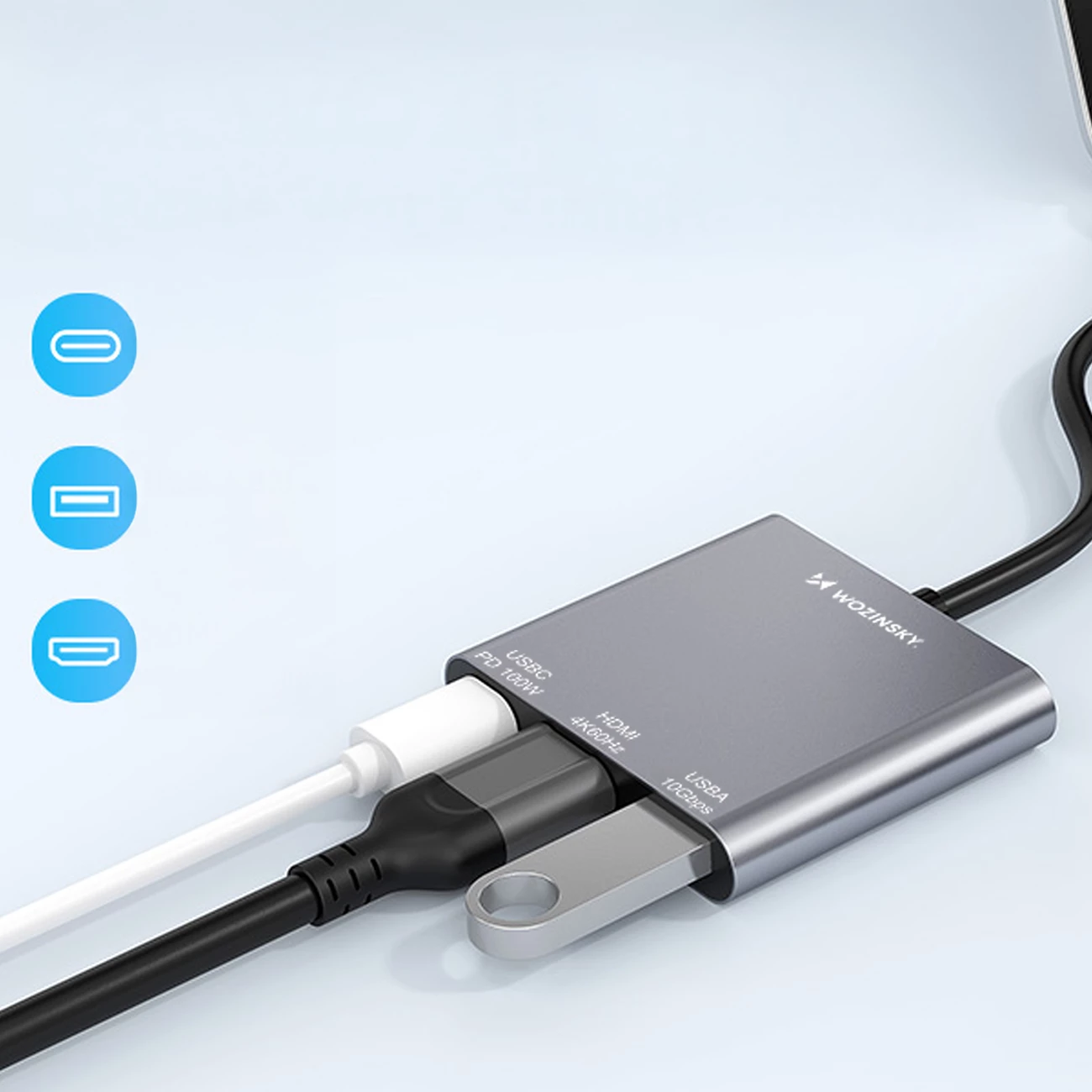 USB-C hub PD 100W, HDMI 4K@30Hz, USB-A 10Gbps — Wozinsky WHCH-01, siv