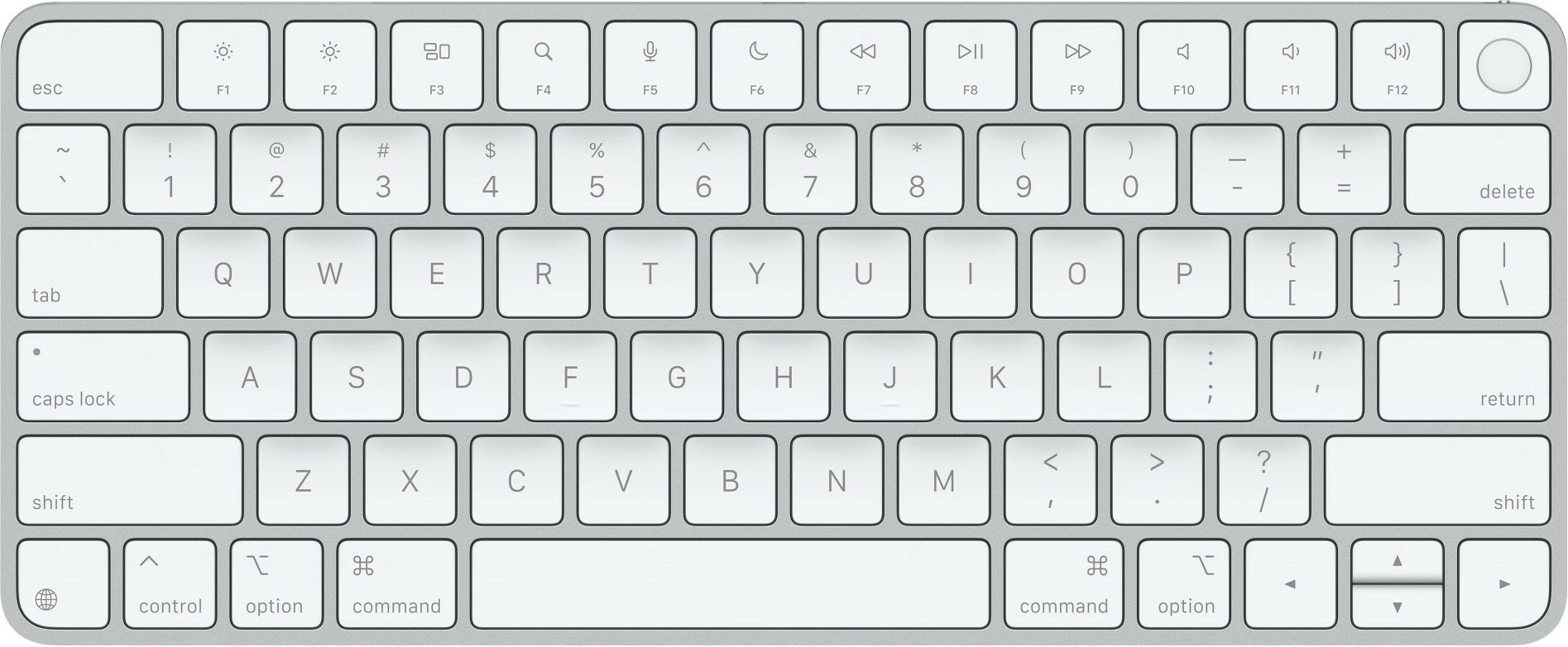 Tastatura z možnostjo Touch ID, Apple Magic, USB-C, brez numerične tipkovnice, srebrna, bela