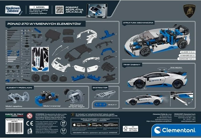 Komplet za sestavljanje Clementoni Mechanics Laboratory Lamborghini Huracan STO, za otroke 8+
