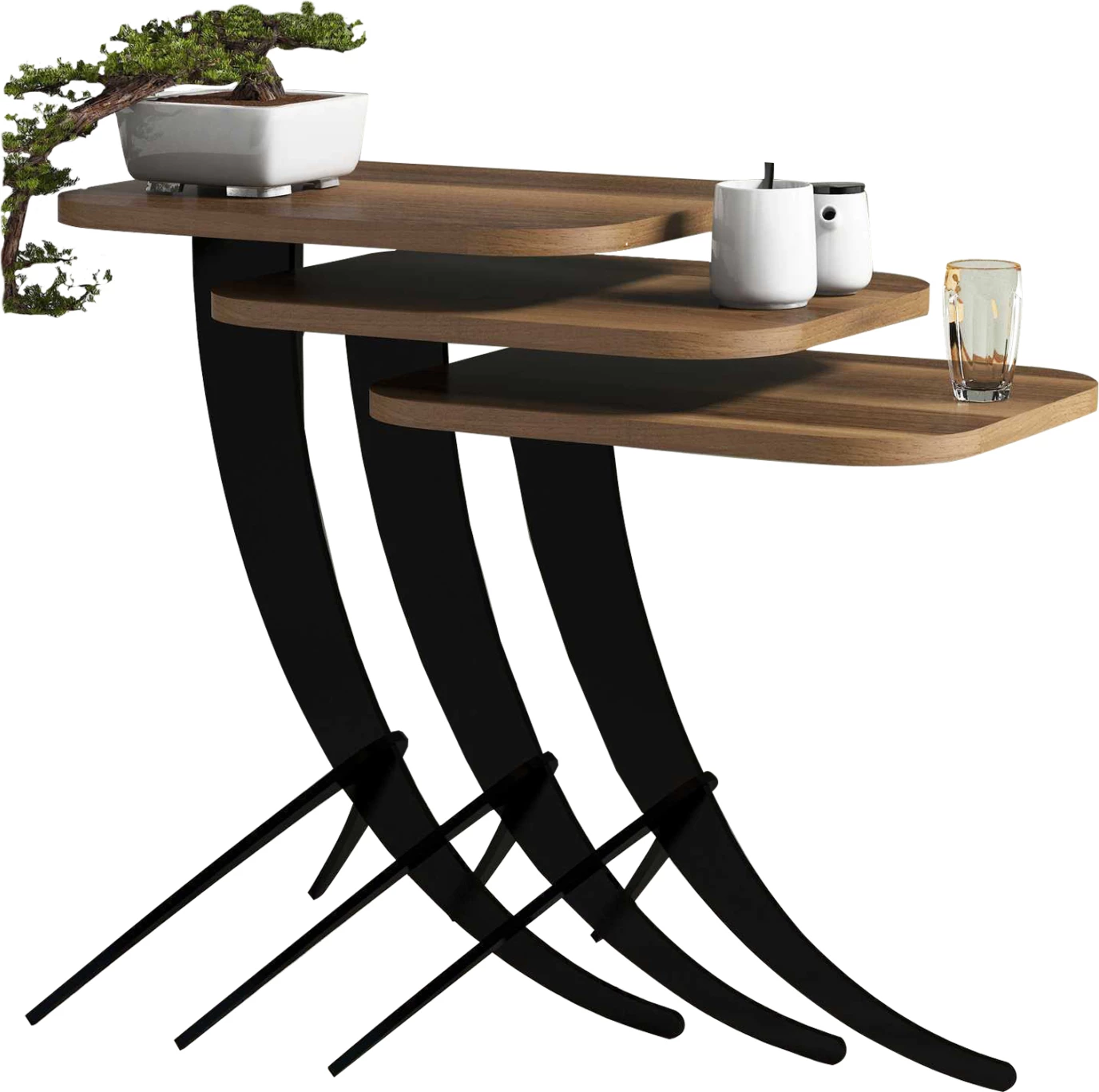 Pomožne mize 3 kosi FH9508.03 melamin v barvi oreha-črne kovinske noge 35x45x60H cm
