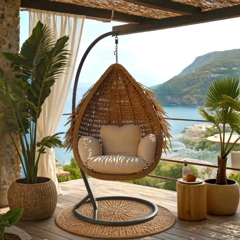 Viseče gnezdo iz PE rattana, bež, z rjavo kovinsko osnovo 120x105x195 cm — Pakoworld