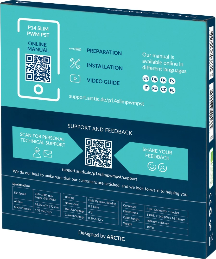 Ventilator za ohišje ARCTIC P14 Slim PWM PST 14 cm, črn
