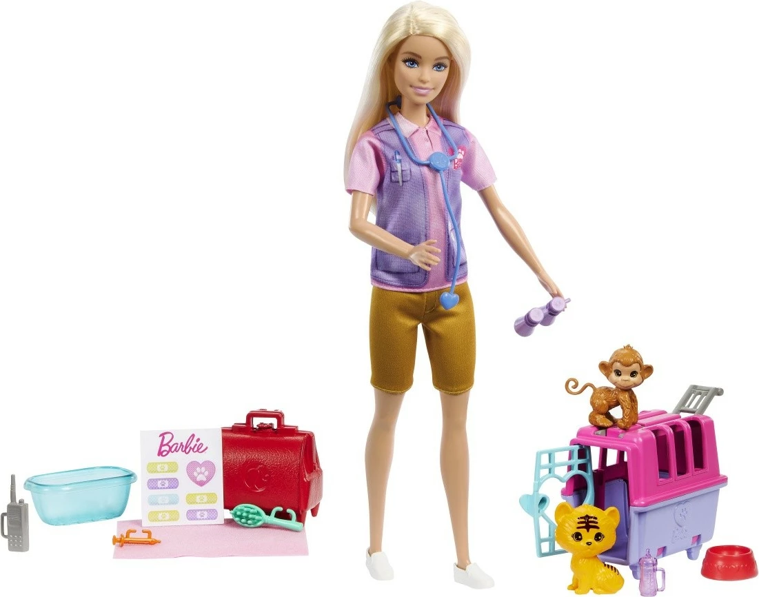Set za reševanje živali z lutko, opico, tigerjim mladičem in dodatki, Barbie Mattel HRG50, za otroke