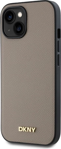 Ovitek za telefon z žimanim kovinskim logotipom MagSafe, DKNY, za iPhone 15, bež