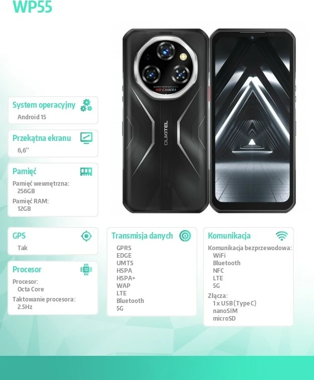 Pametni telefon OUKITEL WP55 5G, 12/256 GB, 6,6" 120Hz, Android 15, 11.000 mAh, IP68/IP69K, črn
