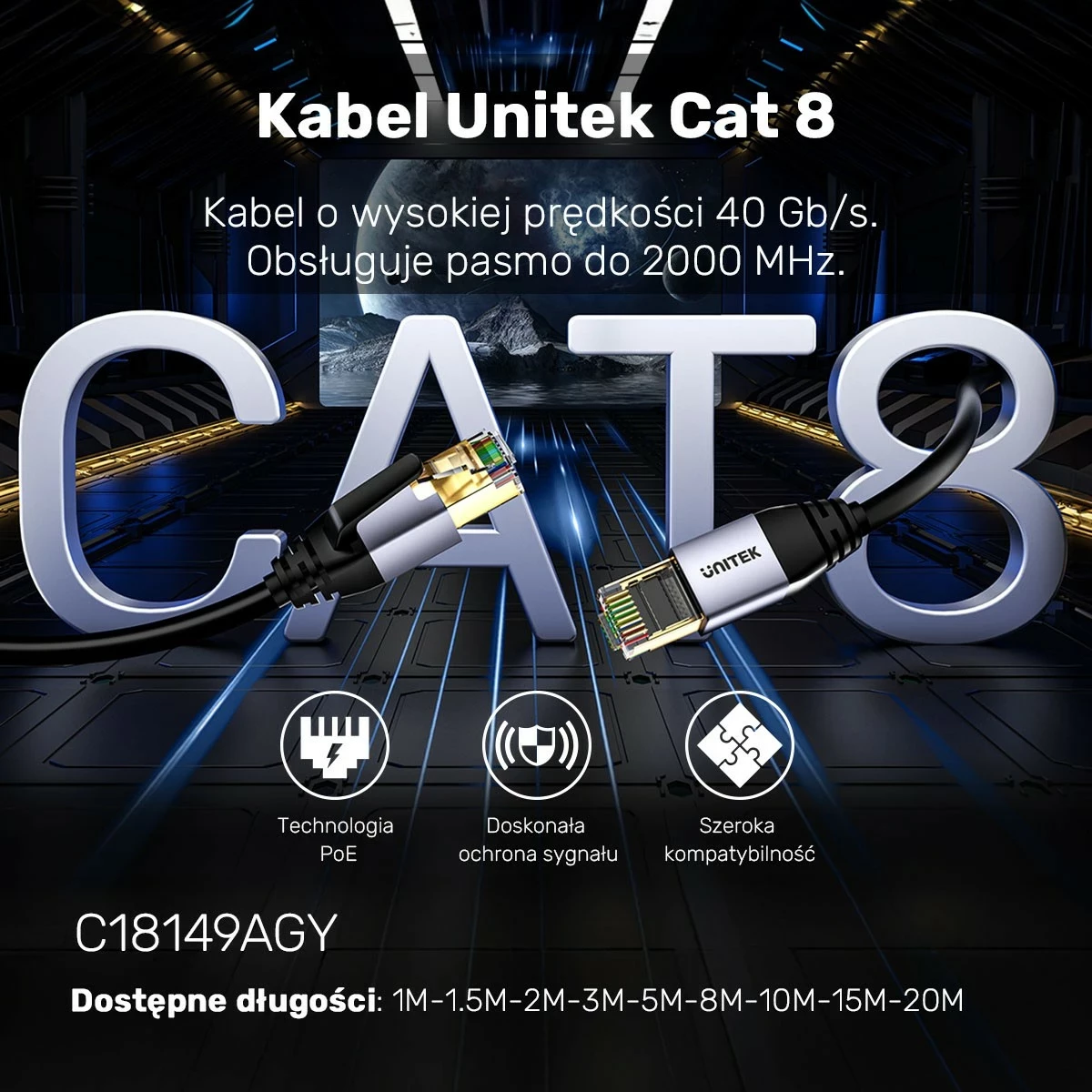 Ethernet kabel Unitek RJ-45 LAN, patchcord cat.8, 8 m, črno-siv