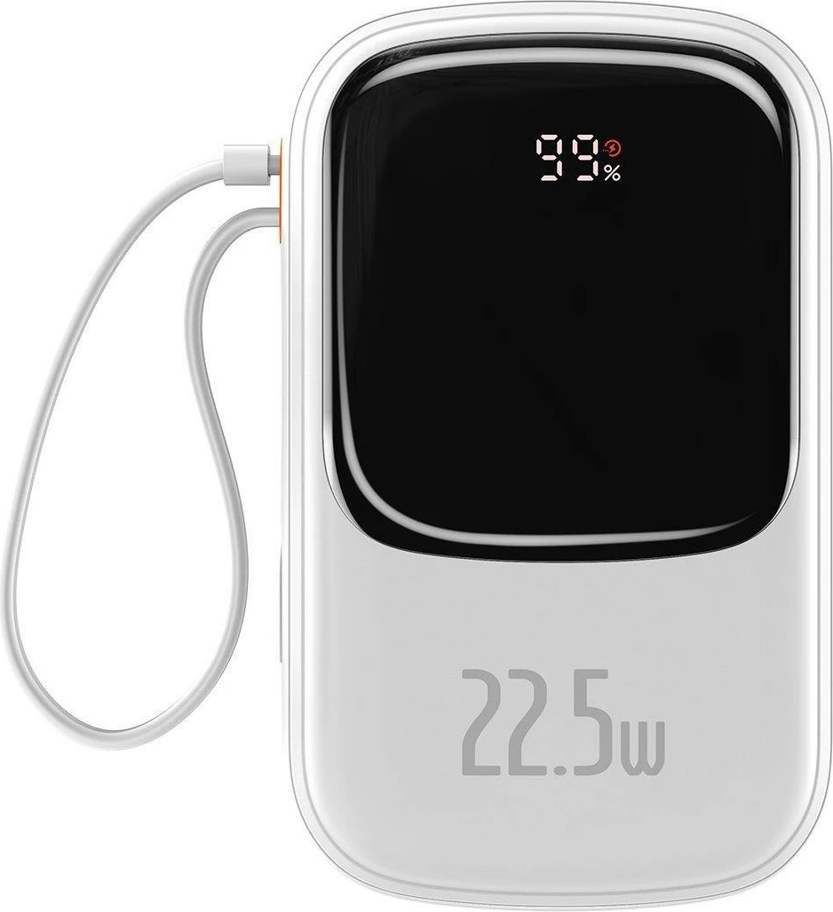 Powerbank 20000mAh, 22,5W, z vgrajenim kablom USB-C, Baseus Qpow, bel