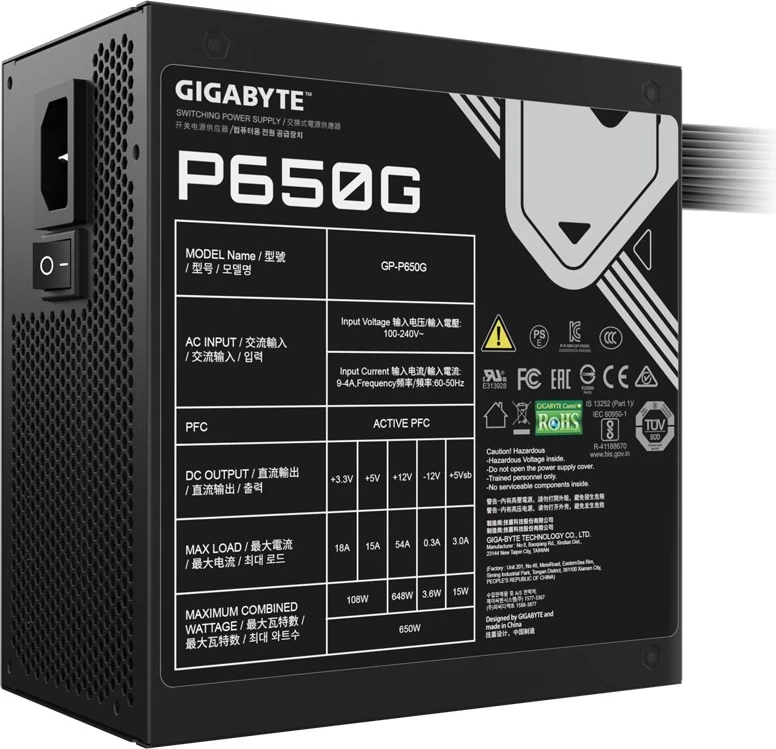 Napajalnik Gigabyte GP-P650G, 650 W, 20+4 pin ATX, črn