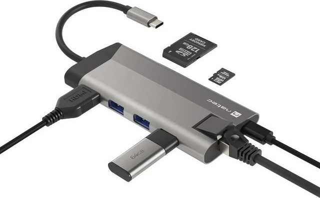 Večvratna priključna postaja Natec Fowler Plus, NMP-1690, 8 vhodov, USB-C PD, HDMI 4K, RJ45, SD/microSD, siva