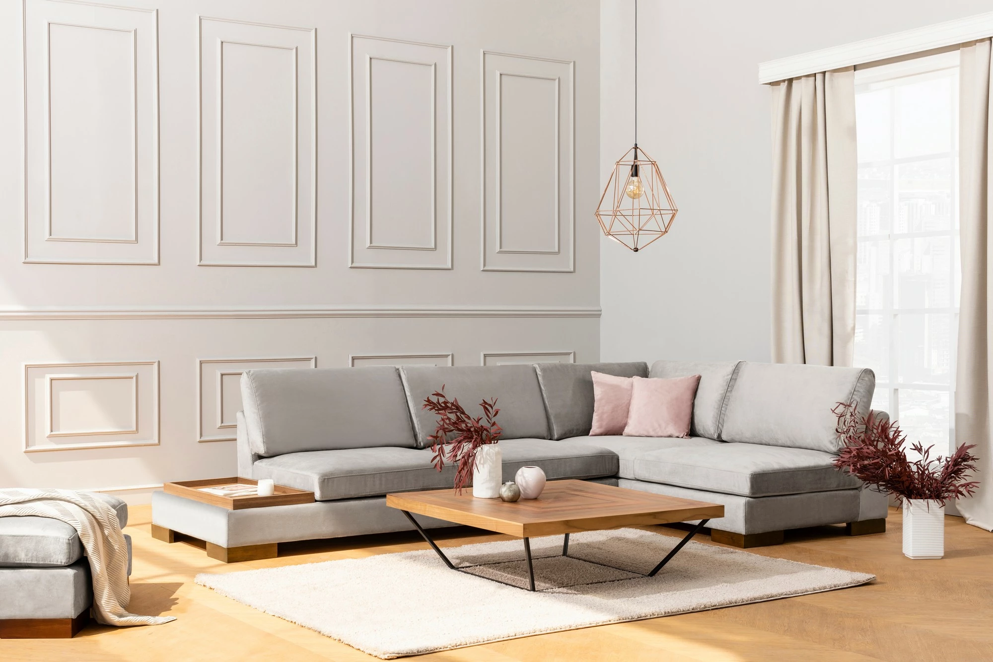 Kotna sedežna garnitura Tulip, desna s pufom — Atelier del Sofa, svetlo siva