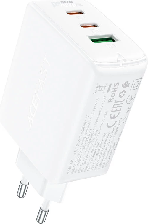 Hitri stenski polnilec 65W, Acefast A41, 2x USB-C / USB-A, bel
