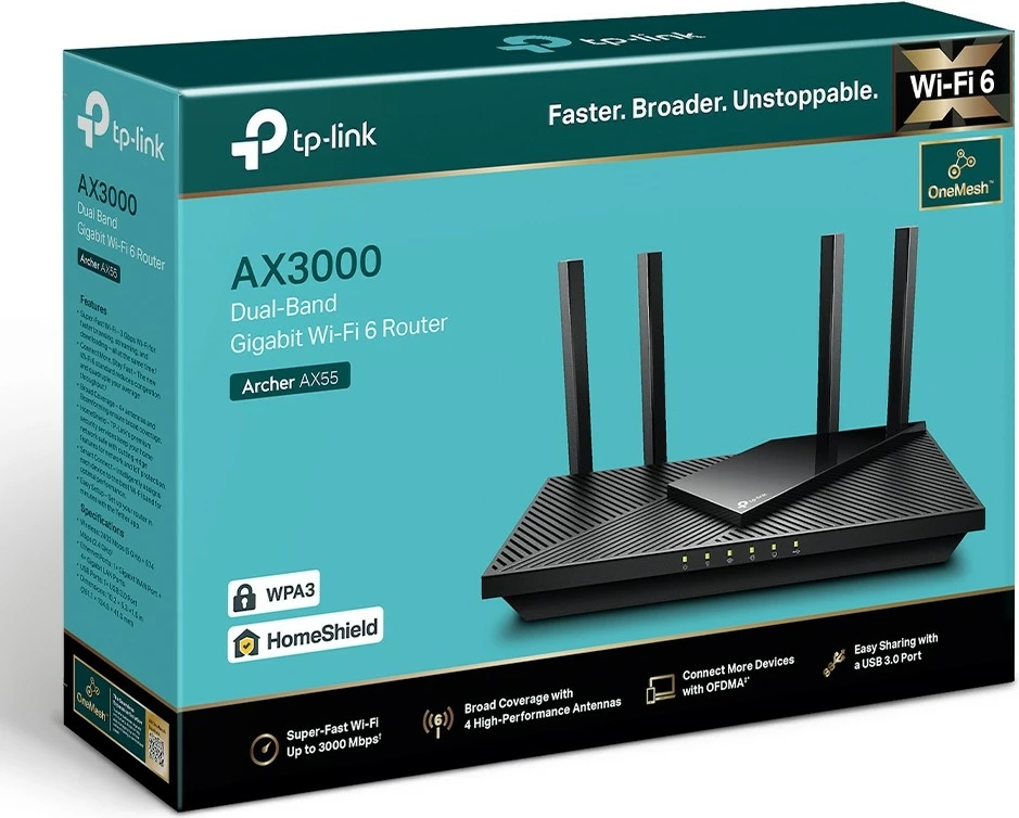 Usmerjevalnik Wi-Fi 6 TP-Link Archer AX55, 4 antene, črn