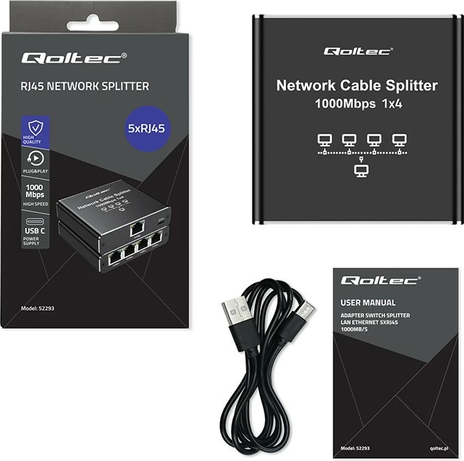 Stikalo za omrežje, 5 vrat RJ45, 1000 Mb/s, aluminij, USB-C Qoltec 52293