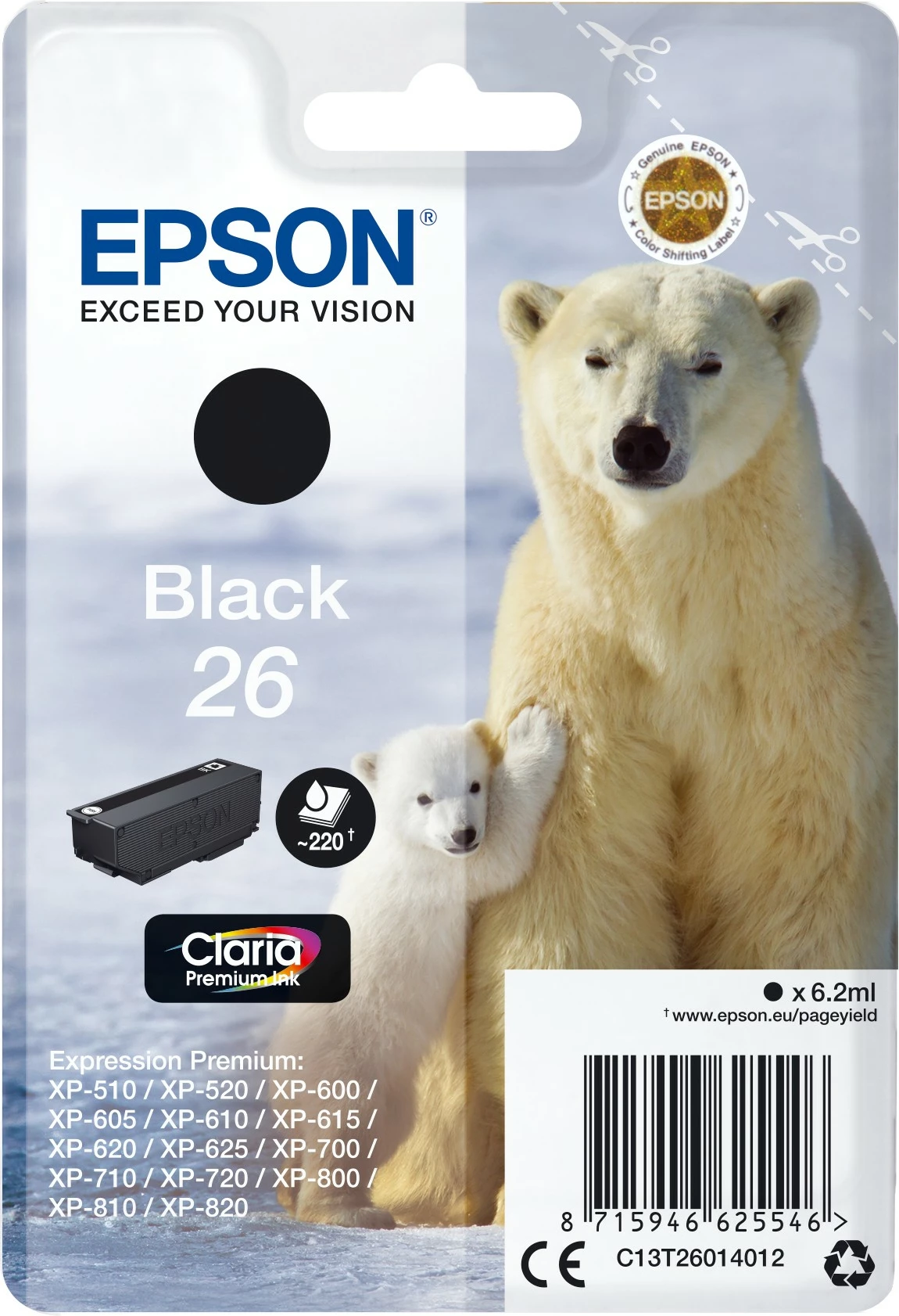 Toner, črn Epson Polar bear Singlepack Black 26 Claria Premium Ink, standardna zmogljivost, 6,2 ml