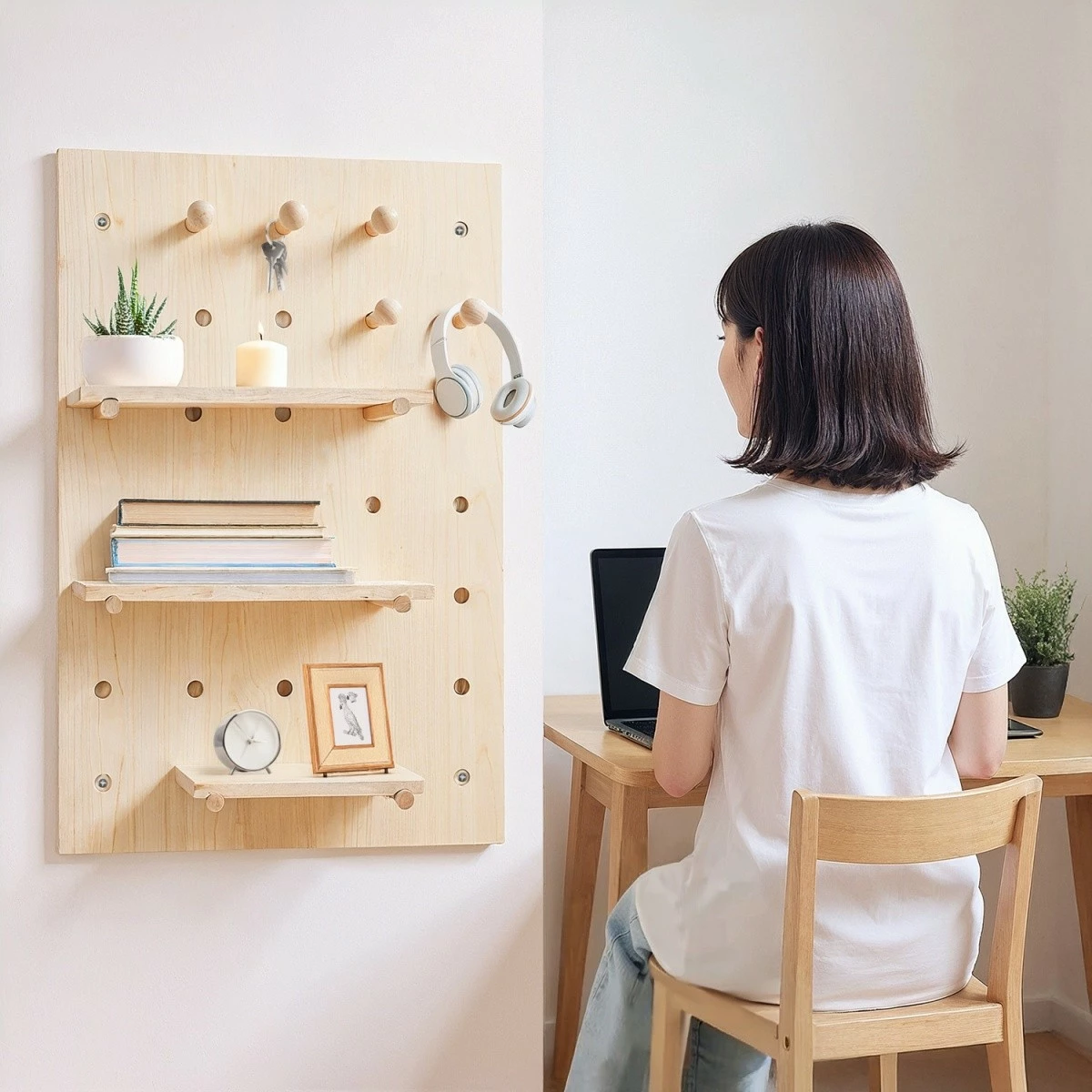 Stenski organizator, Maclean MC-130 WD, 40x60 cm, 3 police + 5 kavljev, nosilnost 20 kg, svetlo les