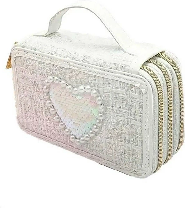 Etui za svinčnike Nice, 3-nadstropen, bel, s perlicami in sequins