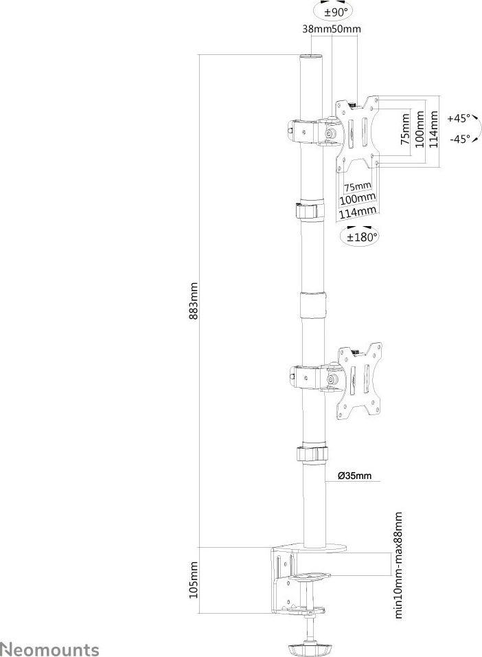 Dvojni vertikalni nosilec za monitorje Newstar Neomounts FPMA-D550DVBLACK, za 2 zaslona, nastavljiva višina, črna