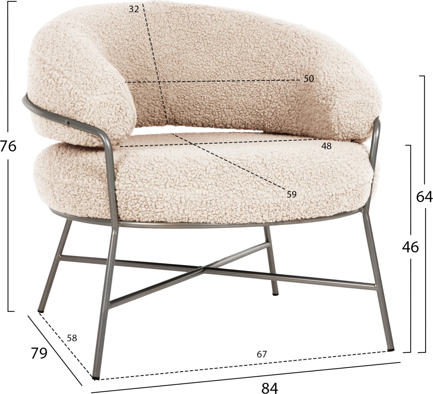 Fotelj TRUDI FH8639.23 iz bele boucle tkanine in srebrnega kovinskega okvirja 84x79x76H cm