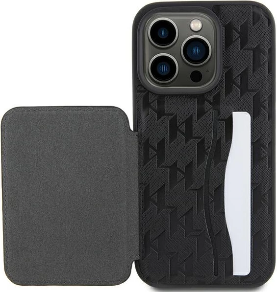 Preklopna zaščita z režami za kartice in stojalom Monogram Choupette Karl Lagerfeld za iPhone 15 Pro, črna