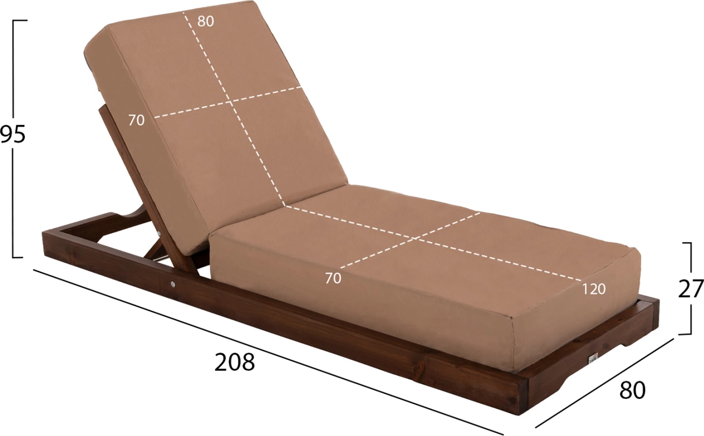 Plažni ležalnik nizki IKARIA FH10622.04 iz borovega lesa v barvi oreha - moka tekstilene - blazina debeline 20 cm