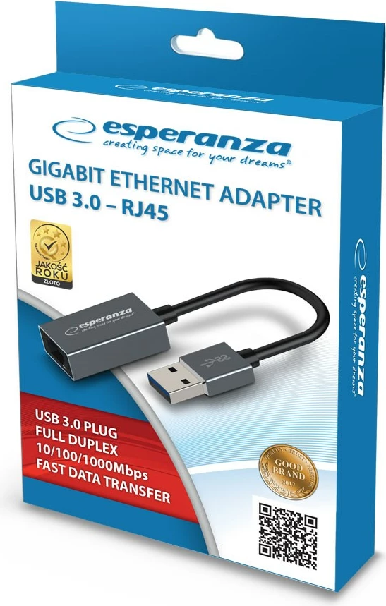 Ethernet adapter Esperanza ENA101, 1000 Mbps, USB 3.0 na RJ45, siv