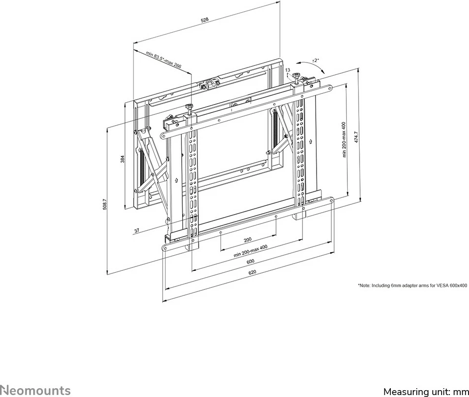 Nosilec za videowall, Newstar WL95-800BL1, 42-70 inči, pop-out, jeklo, nastavljiva višina, 35 kg