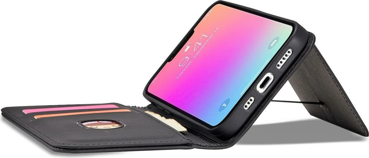 Ovitek za telefon z magnetno denarnico in nosilcem Hurtel Magnet Card Case za iPhone 13 Pro, črn