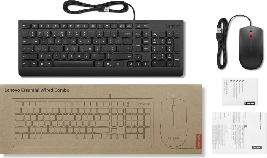 Komplet žične tipkovnice in miške Lenovo Essential, model 129, nemška razporeditev, črn