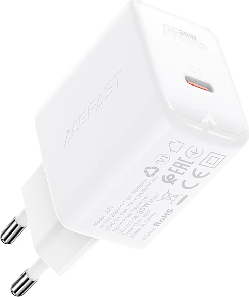Stenski polnilec Acefast A21, USB-C, 30W, GaN, bel