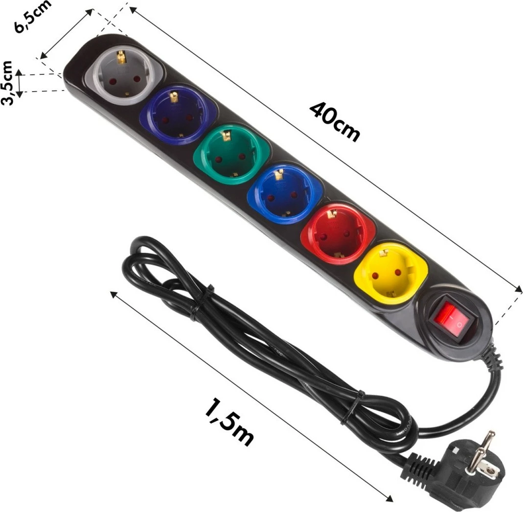 Razdelilec Maclean MCE509 B, 6-vtičnic, 1,5 m, z vklopnim stikalom, črn