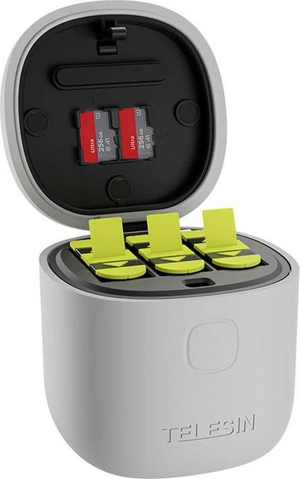 Vodoodporen polnilnik s 3 režami Telesin Allin Box za GoPro Hero 9/10 z 2 baterijami, siv