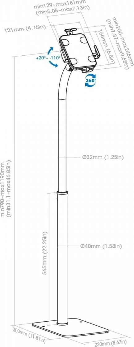 Stojalo za tla za tablico 7,9–11" Techly 406345, belo, z varnostnim ključem