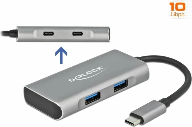 Zunanja USB razdelilna naprava DeLOCK 4 vrata, USB 3.2 Gen 2, 10 Gbps, aluminij, siva