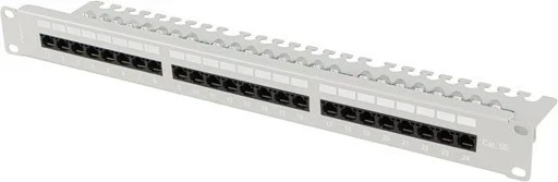 Patch panel z 24 vrati, 1U 19", kat.5E, s sivo barvo in organizatorjem kablov LANBERG