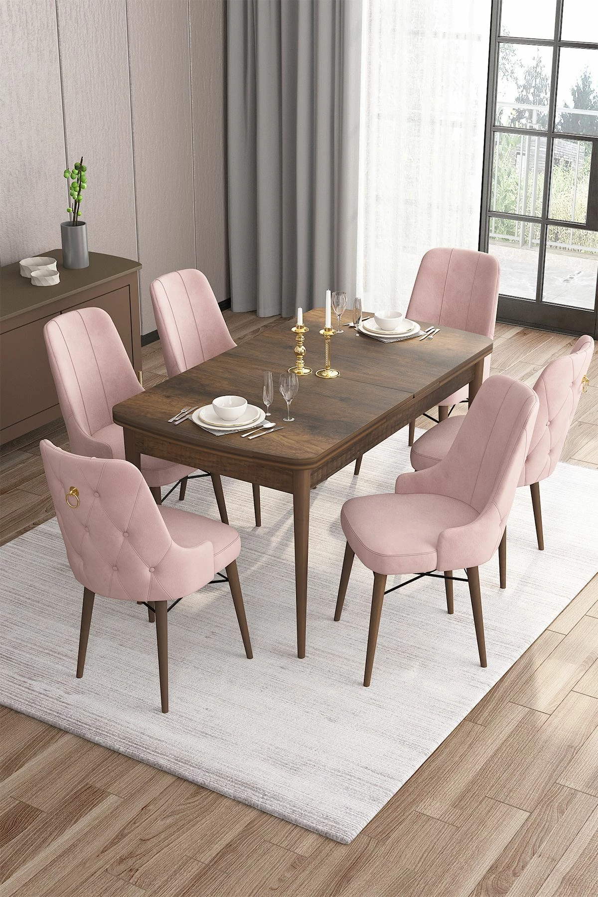 Raztegljiva jedilna miza z 6 stoli, 7-delni set, baročno rožnata, Skye Decor