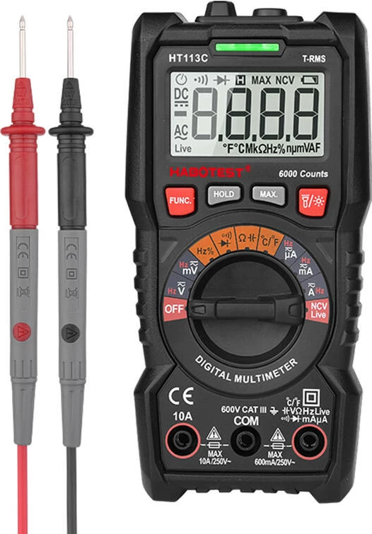 Digitalni multimeter Habotest HT113C, True RMS 6000 števcov, NCV, 10A, CAT III 600V, črn