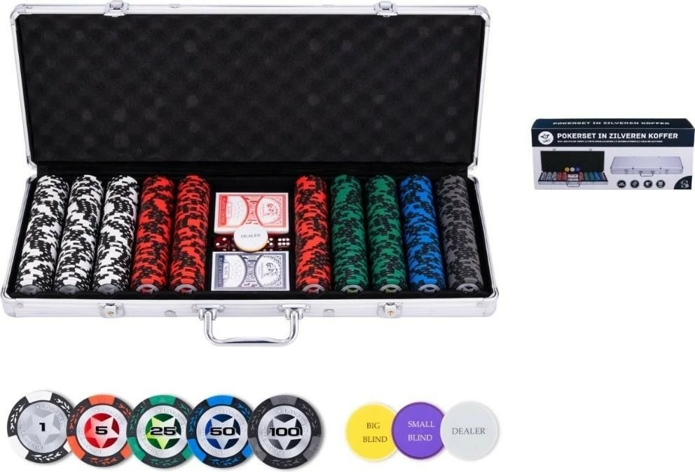 Set za poker, 500 žetonov, 2 kompleta kart, 5 kock, aluminijast kovček — Engelhart 19599