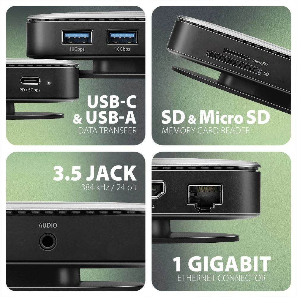Multiportni USB-C hub, AXAGON HMC-UFO, 9-v-1, 10Gbps, 2x USB-A, HDMI 4K/60Hz, M.2 NVMe/SATA, avdio, PD 100W, SD/microSD, Gigabit Ethernet (RJ-45), 65 cm USB-C kabel, črn/srebrn