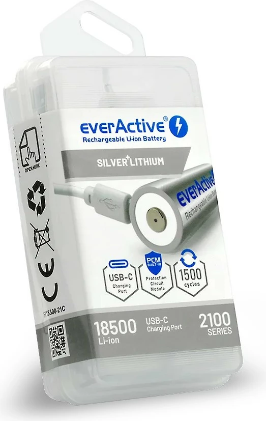 Polnilna baterija everActive 18500 Li-ion 3,7 V, 2100 mAh, USB-C, srebrna