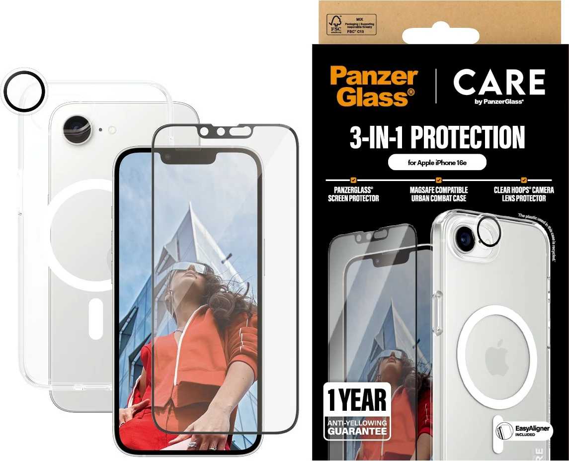 Zaščitni ovoj PanzerGlass CARE Flagship 3-v-1 za iPhone 16e, prozoren