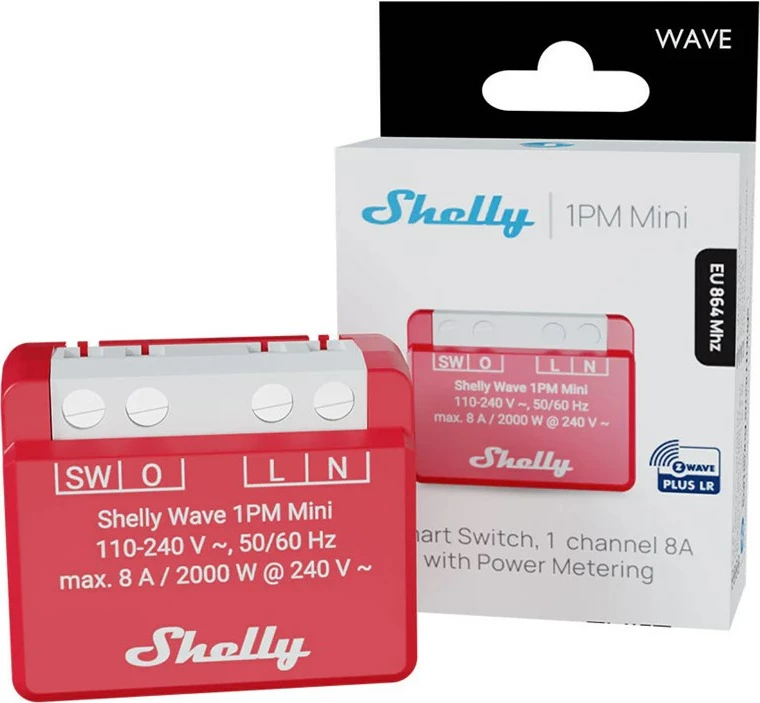 Pametni rele Shelly Wave 1PM Mini LR, brezžični, 110-240V AC, rdeč