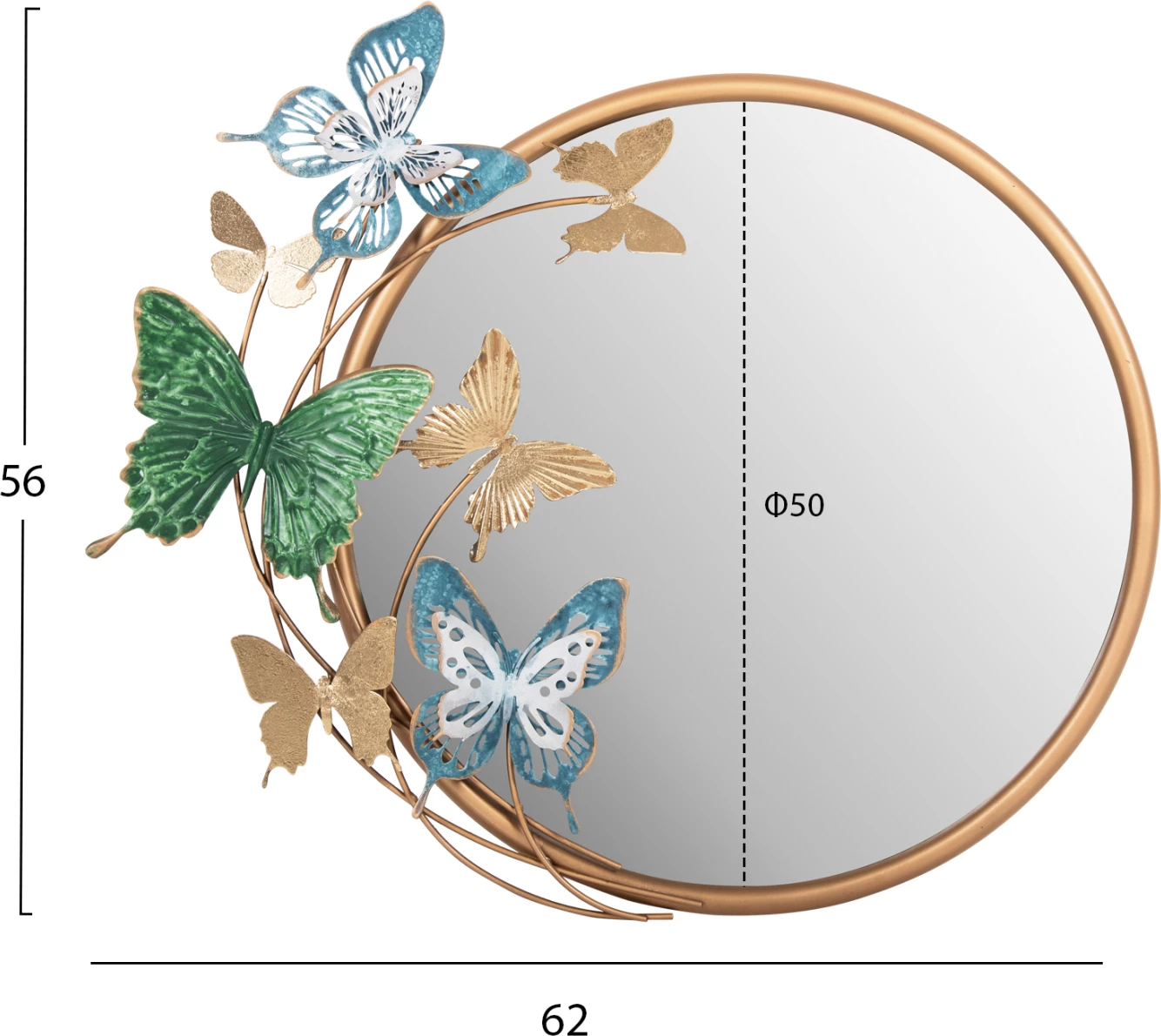 Okrogla stenska ura FH4213 kovinska v zlato-zeleno-modri barvi 62x6,5x56H cm